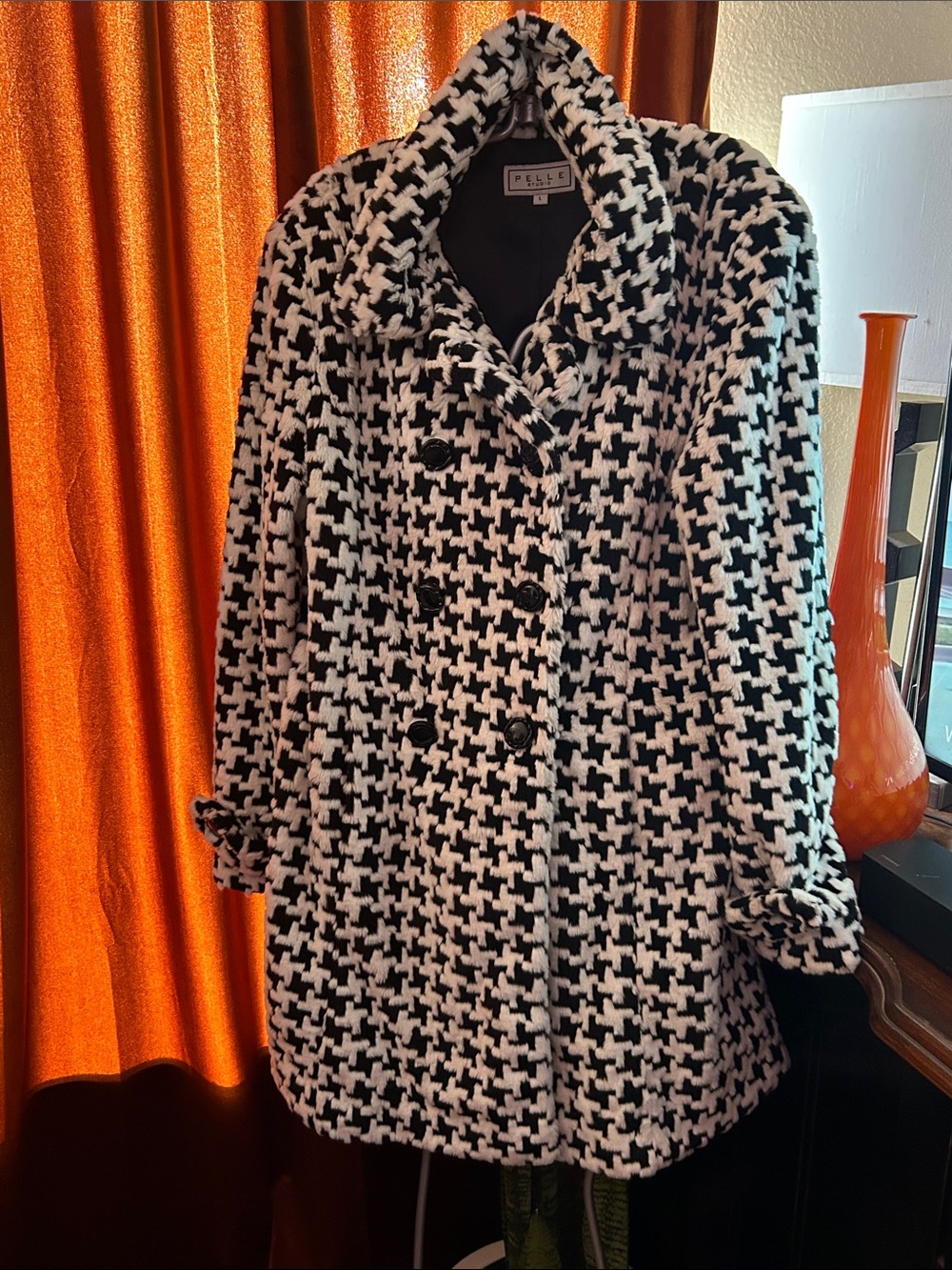 Pelle Studio Black and White Houndstooth Wool Blend Coat